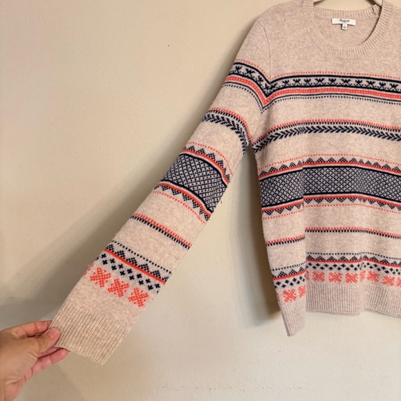 Madewell Marino Wool Fair Isle Sweater Size L Beige Knit Crewneck Pullover - Picture 6 of 13